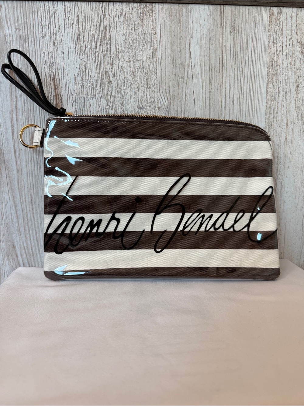 henri bendel Brown & White Striped Wristlet Clutch/Make Up Bag With Script Logo